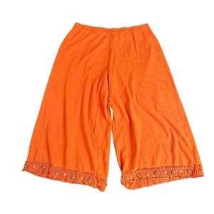 Orange Wide-Leg Cropped Pants with Embellished Hem